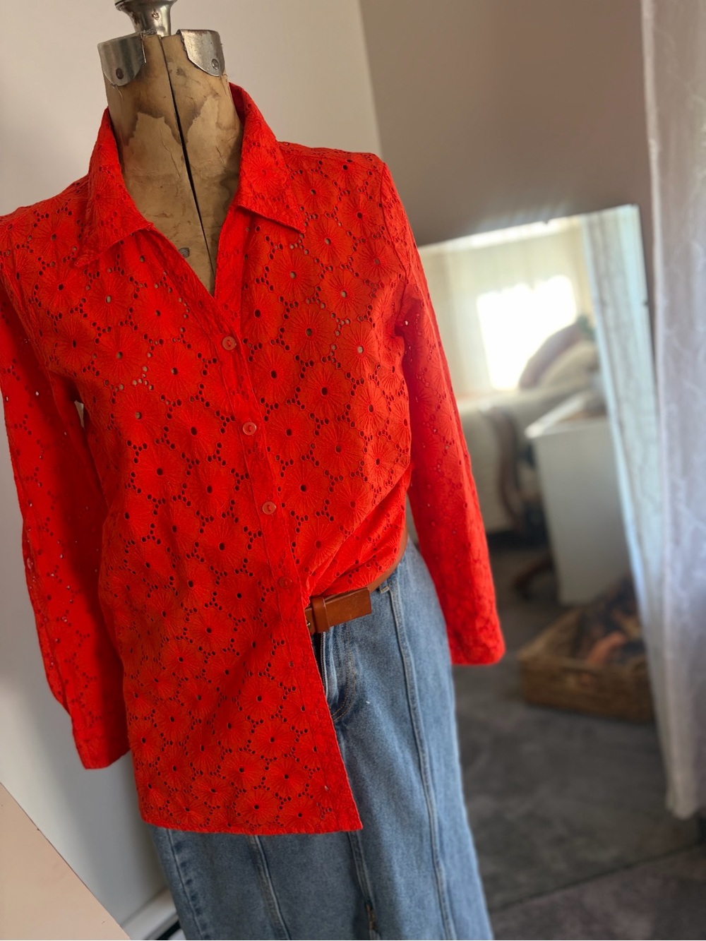 Nicole Miller Artelier Orange Eyelet Button-Up Shirt